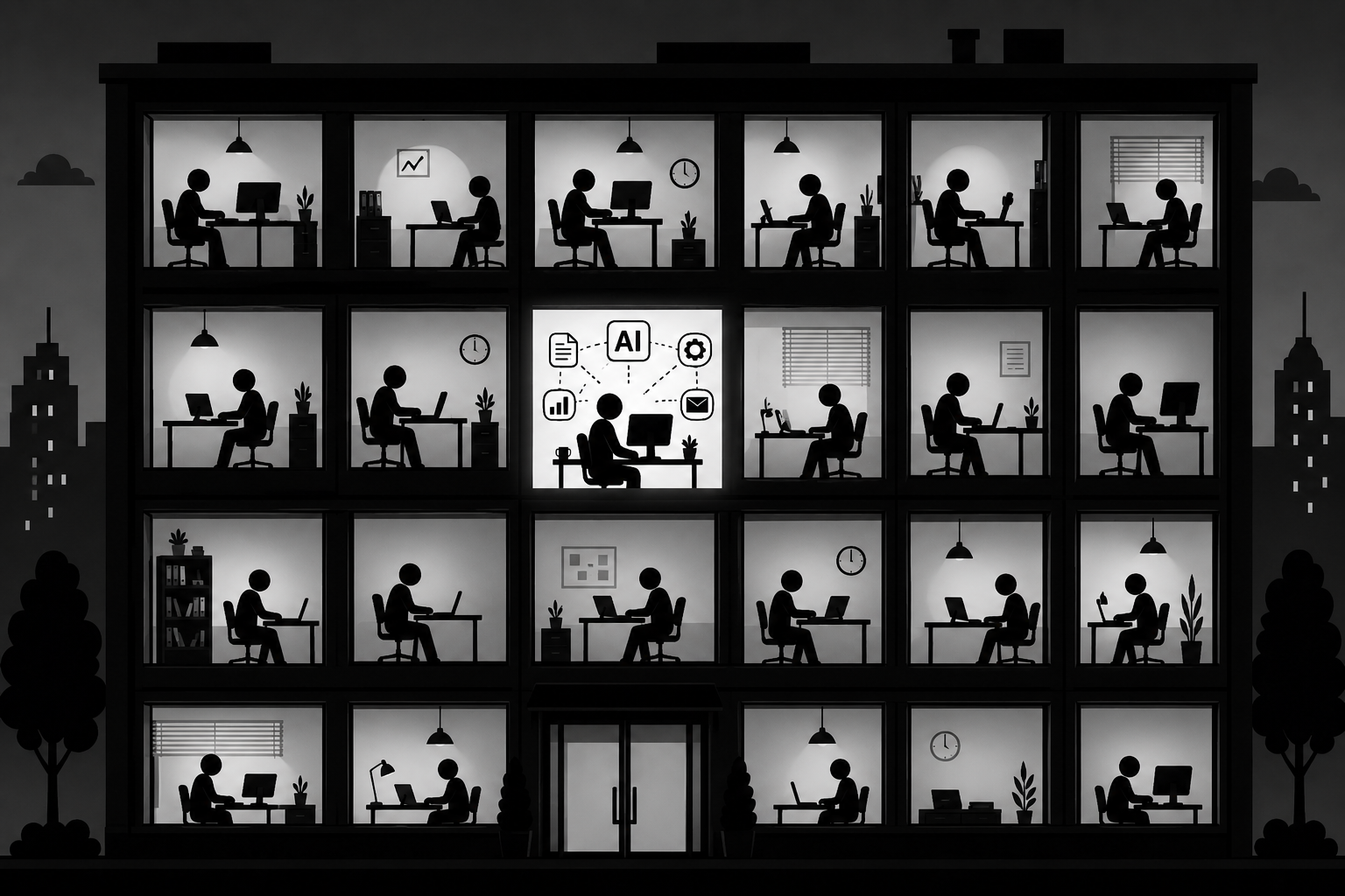 A dark office building with illuminated windows showing workers and one AI-enabled room