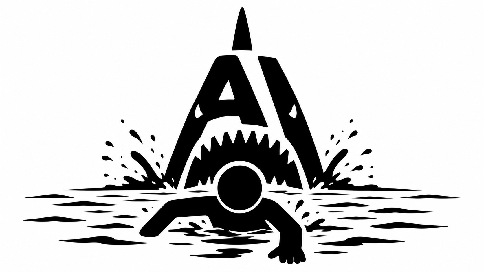 An employee swimming toward AI while a shark-like threat closes in