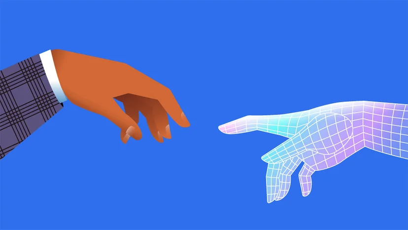 A human hand and a digital hand reaching toward each other